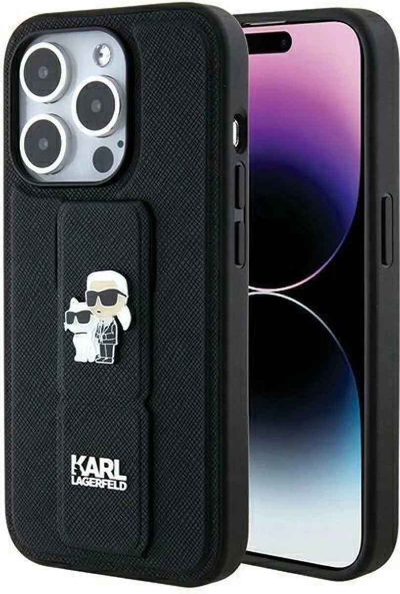 Karl Lagerfeld Gripstand Saffiano Karl&Choupette iPhone Hoesje - 14/Pro - Zwart