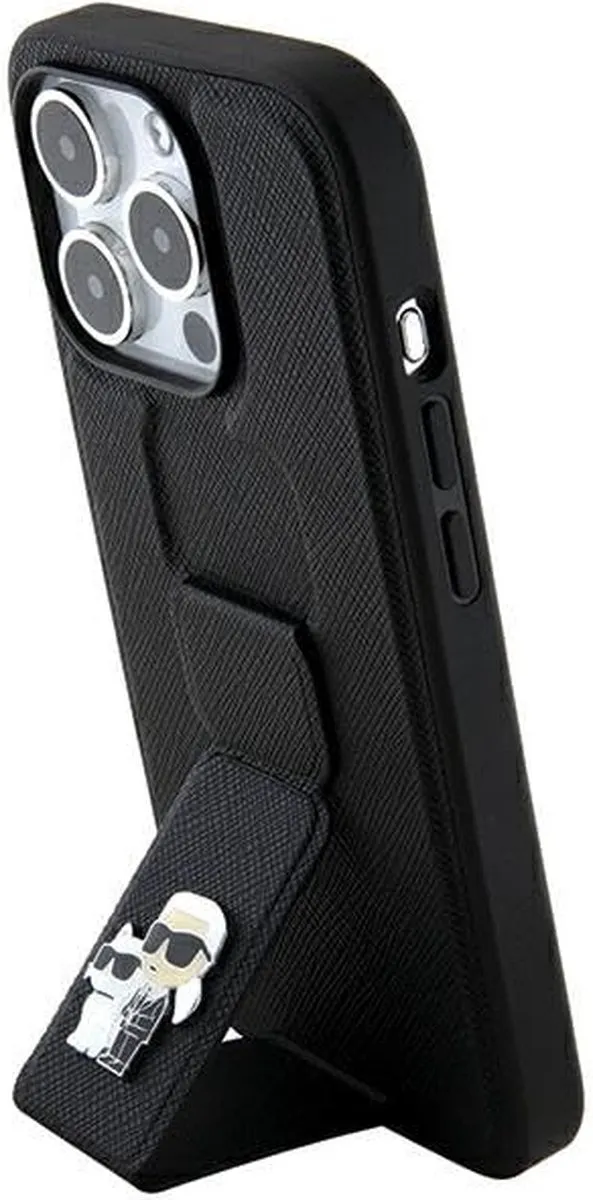 Karl Lagerfeld Gripstand Saffiano Karl&Choupette iPhone Hoesje - 14/Pro - Zwart