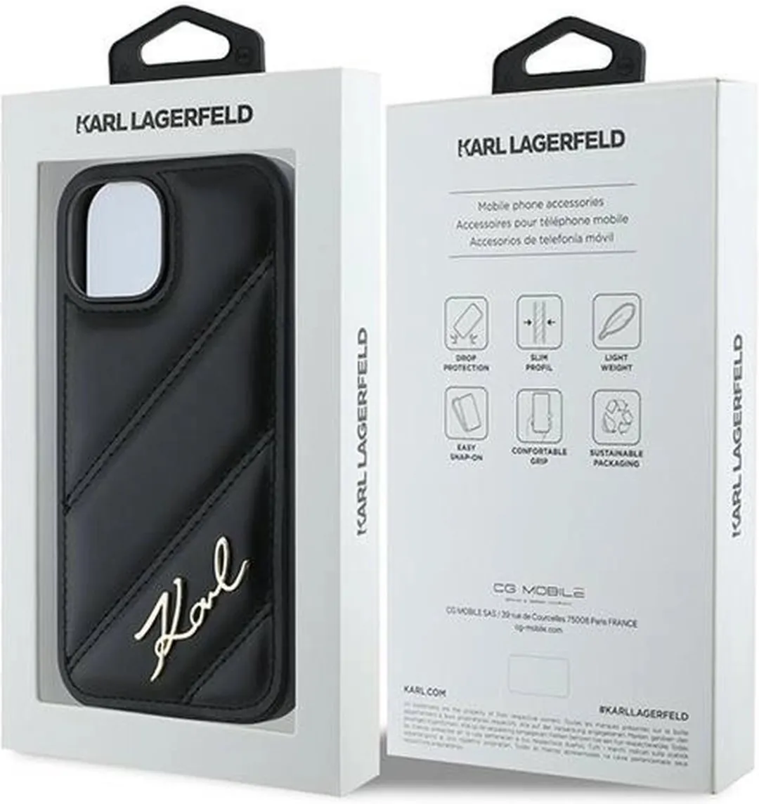 Karl Lagerfeld Diagonal Quilted Script Hoesje iPhone 15 Plus/14 Plus - Zwart