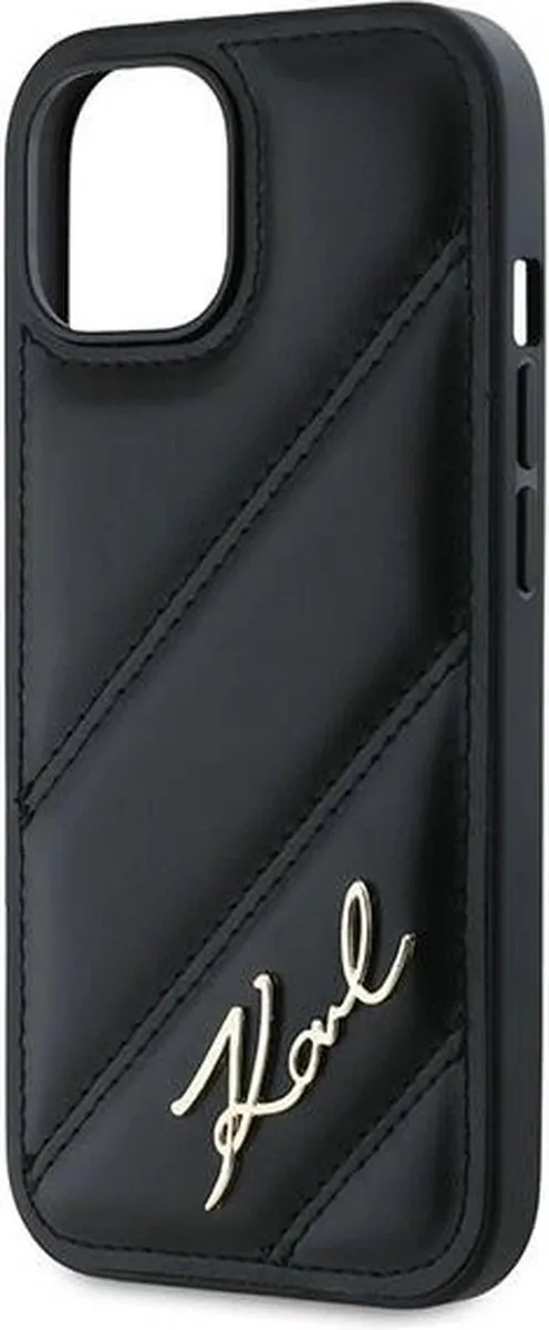 Karl Lagerfeld Diagonal Quilted Script Hoesje iPhone 15 Plus/14 Plus - Zwart