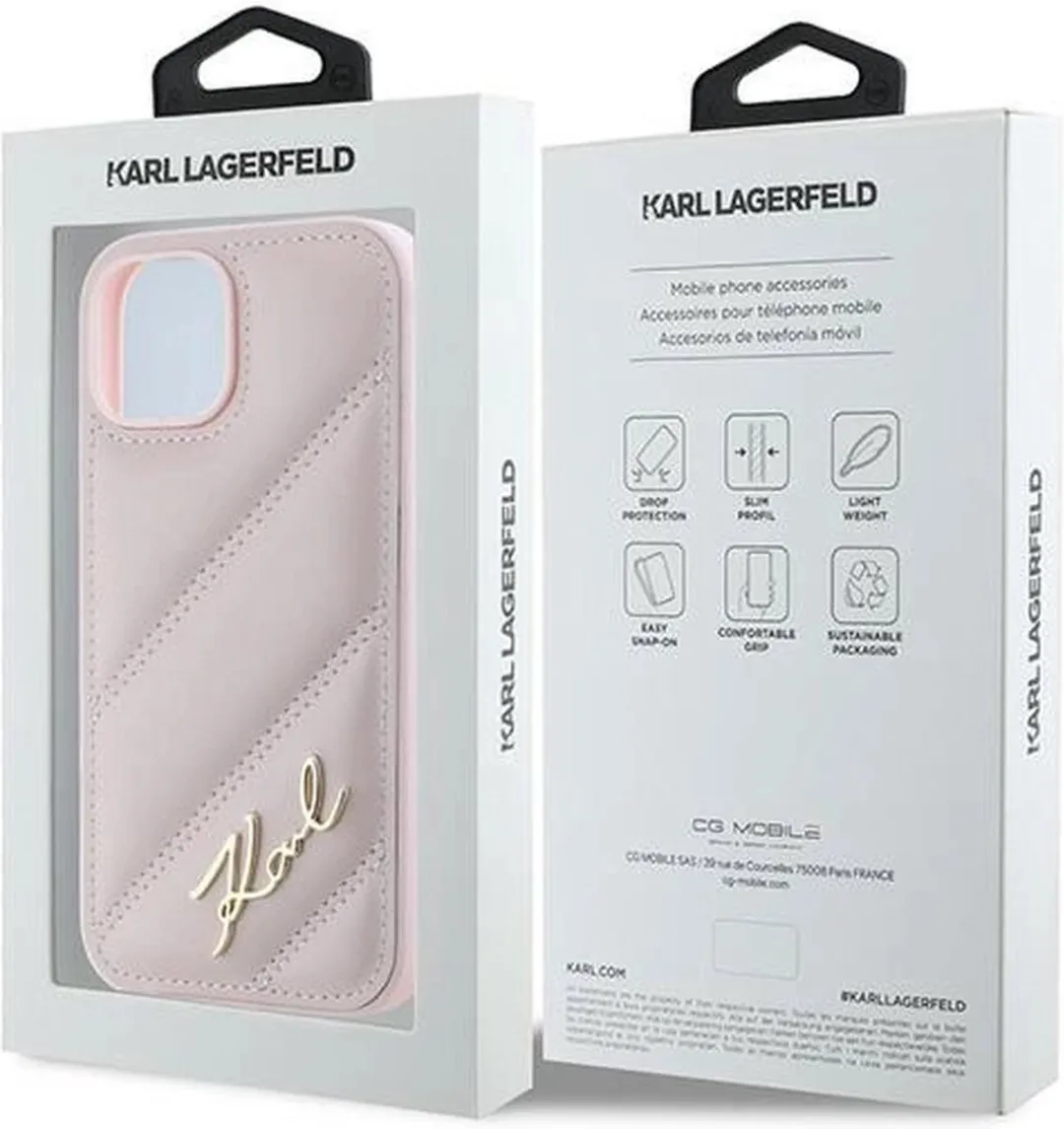 Karl Lagerfeld Diagonal Quilted Script Hoesje iPhone 15/14/13 - Roze