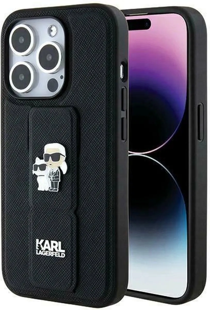 Karl Lagerfeld Gripstand Saffiano Karl&Choupette Hoesje iPhone 13 - Zwart