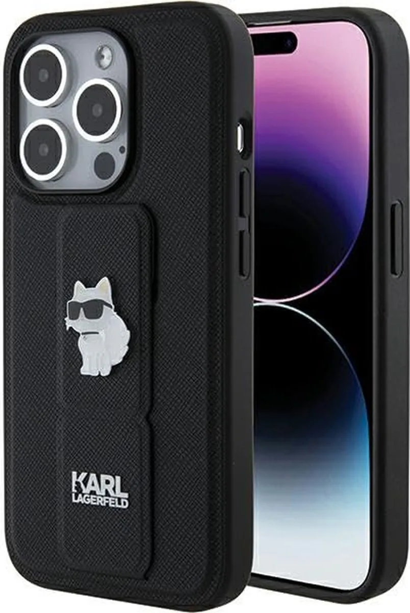 Karl Lagerfeld Gripstand Saffiano Choupette Pins Hoesje iPhone 15 Pro - Zwart