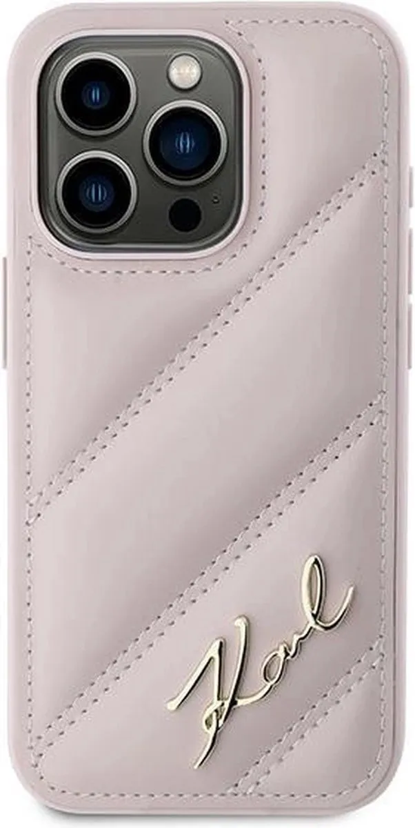 Karl Lagerfeld Diagonal Quilted Script Hoesje iPhone 15 Pro Max - Roze