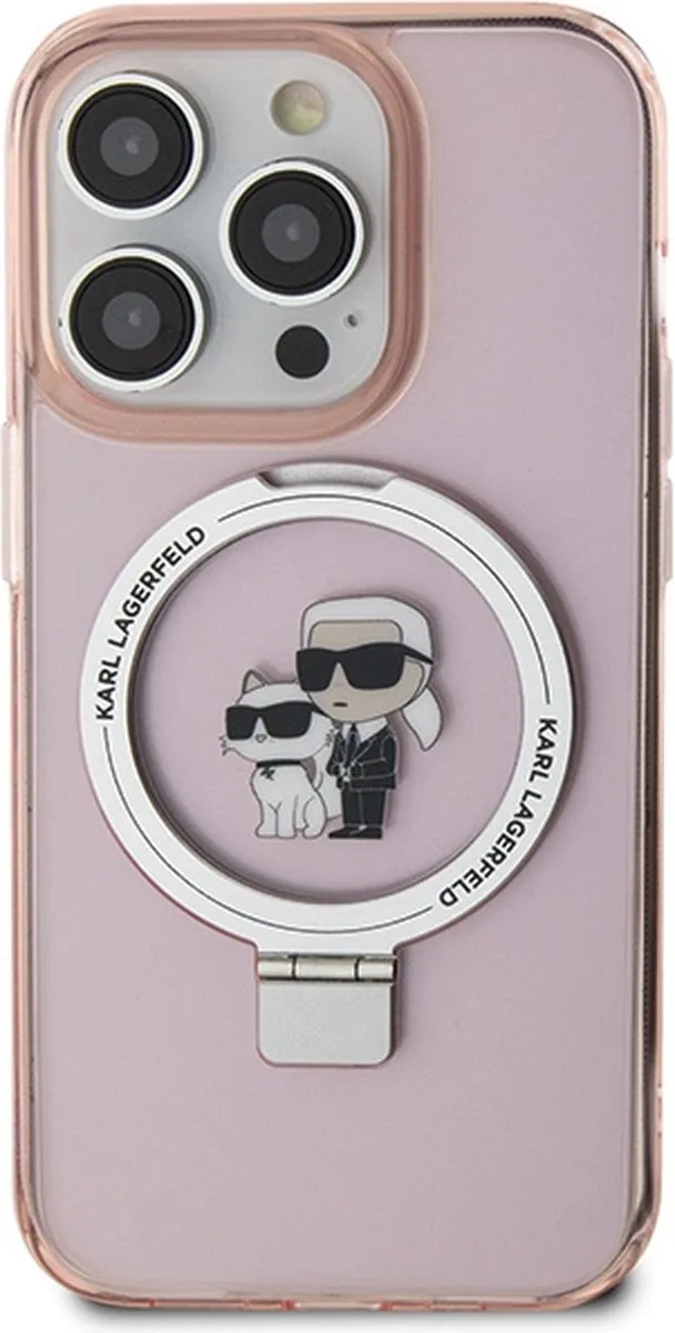 Karl Lagerfeld Ring Stand Karl & Choupette Hard Case Back Cover Roze - iPhone 15 Pro Max - afbeelding 6 van 6
