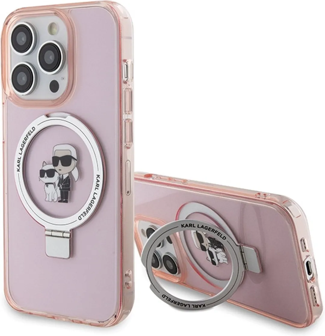 Karl Lagerfeld Ring Stand Karl & Choupette Hard Case Back Cover Roze - iPhone 15 Pro Max