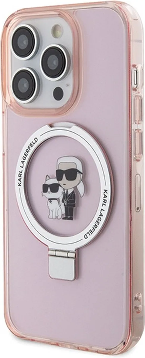 Karl Lagerfeld Ring Stand Karl & Choupette Hard Case Back Cover Roze - iPhone 15 Pro Max