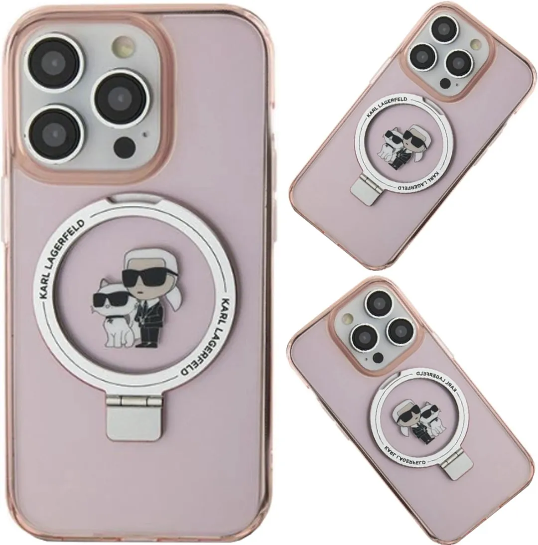 Karl Lagerfeld Ring Stand Karl & Choupette Hard Case Back Cover Roze - iPhone 15 Pro Max