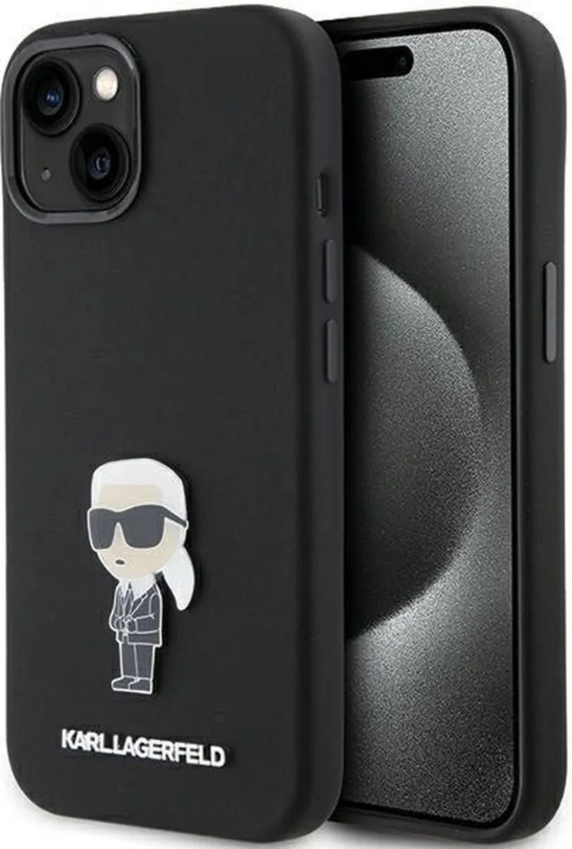 Karl Lagerfeld Siliconen Ikonik Metal Pin-hoesje iPhone 15 Plus/14 Plus - Zwart
