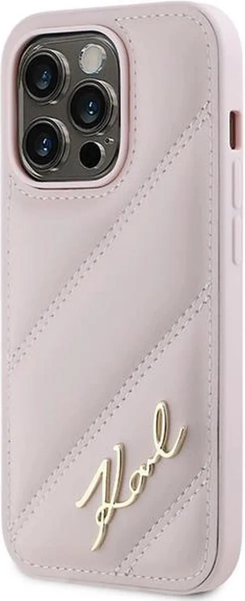 Karl Lagerfeld Diagonal Quilted Script Hoesje iPhone 14 Pro Max - Roze