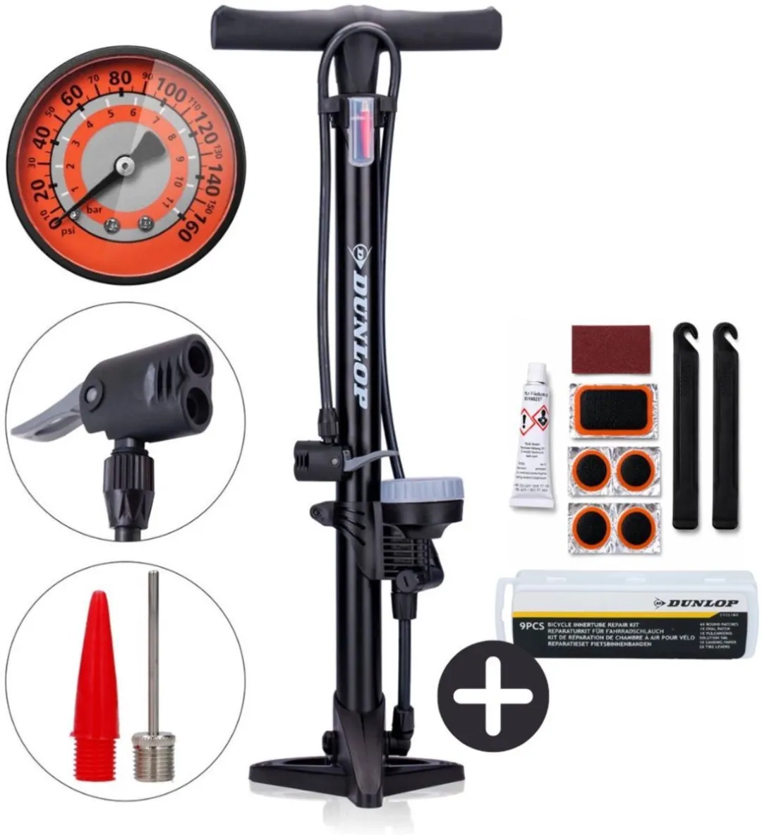 Dunlop Fietspomp met Drukmeter 9-delig - Zwart
