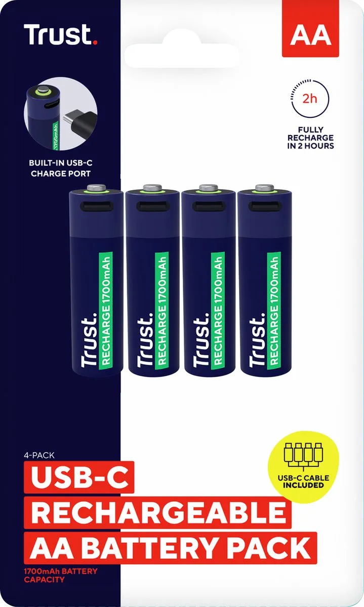 Trust USB-C Oplaadbare AA Batterijen 25631 - 4 Stuks - Blauw/ Groen