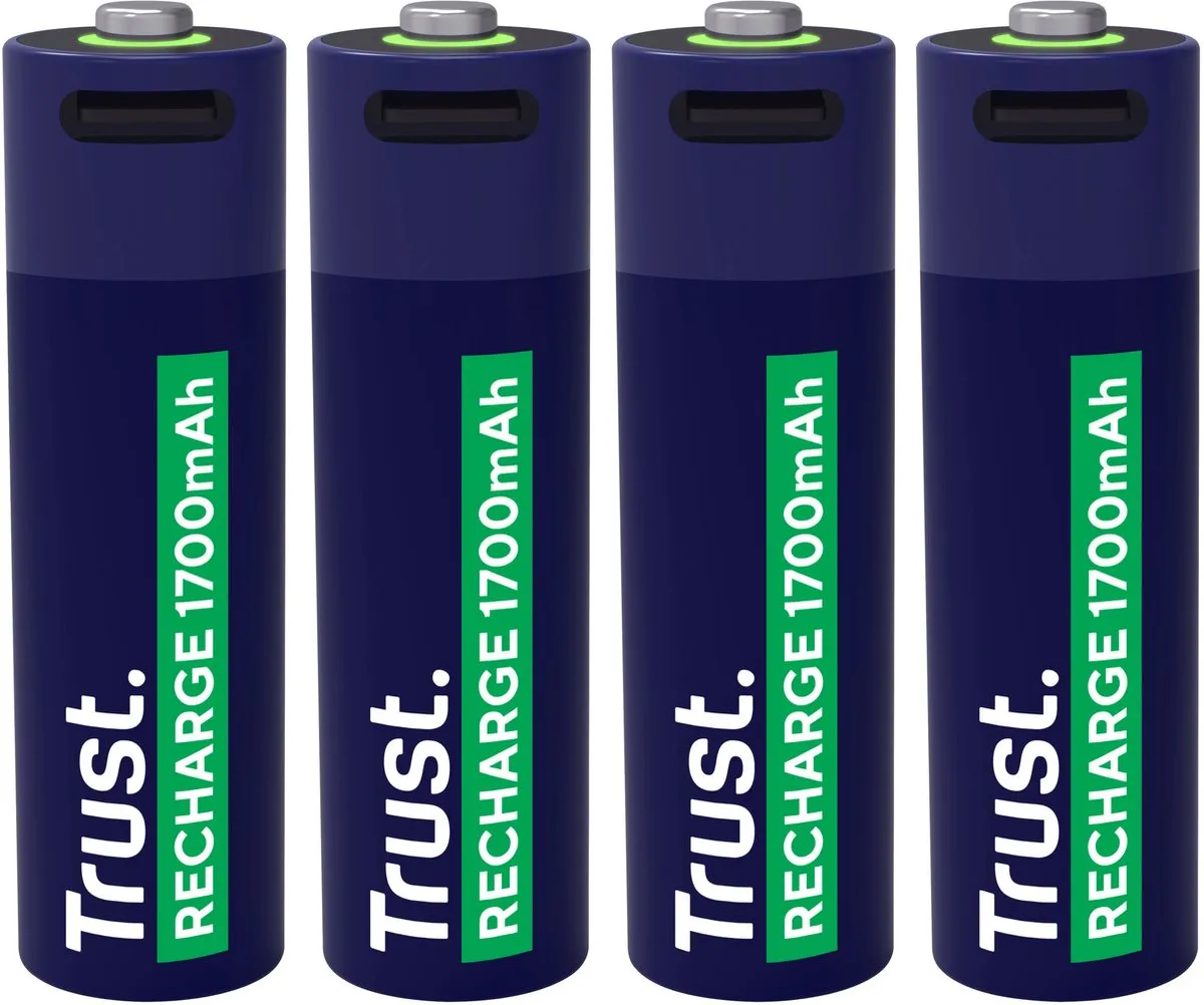 Trust USB-C Oplaadbare AA Batterijen 25631 - 4 Stuks - Blauw/ Groen