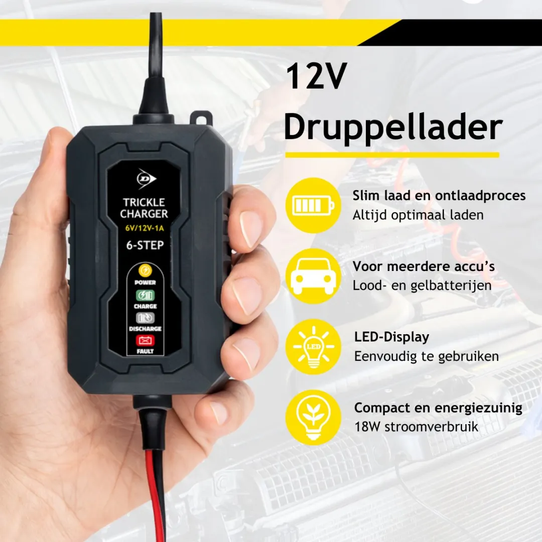 Dunlop Druppellader 6/12V 1A - Auto Oplader - Scooter/Motor - Zwart