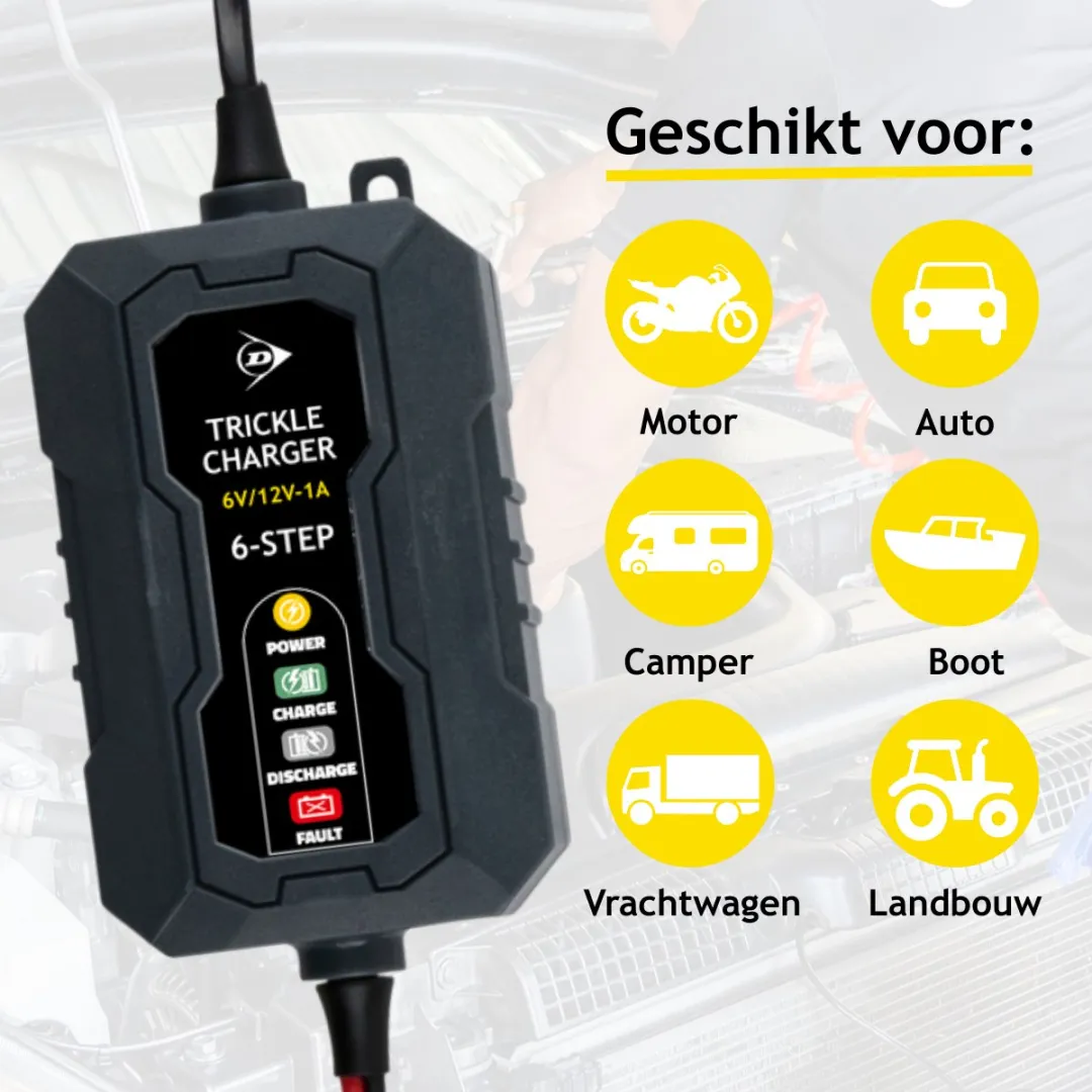 Dunlop Druppellader 6/12V 1A - Auto Oplader - Scooter/Motor - Zwart
