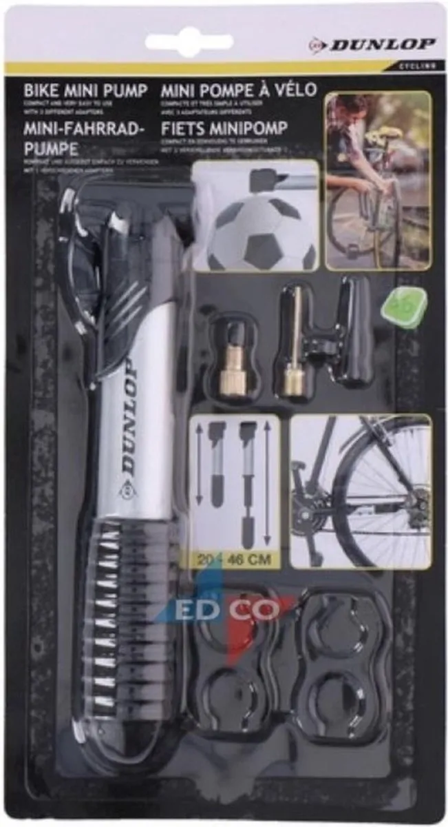 Dunlop Mini Fietspomp - 6 bar - Grijs - Inclusief 3 ventielen