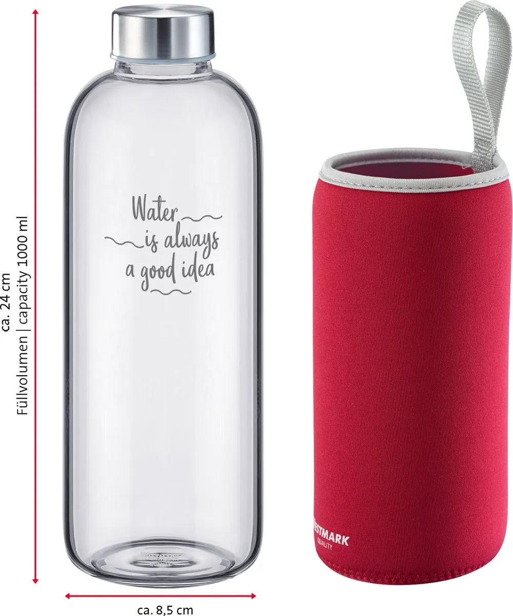 Westmark Viva Drinkfles 1L - Glas/Siliconen - Rood/Silver - afbeelding 6 van 6