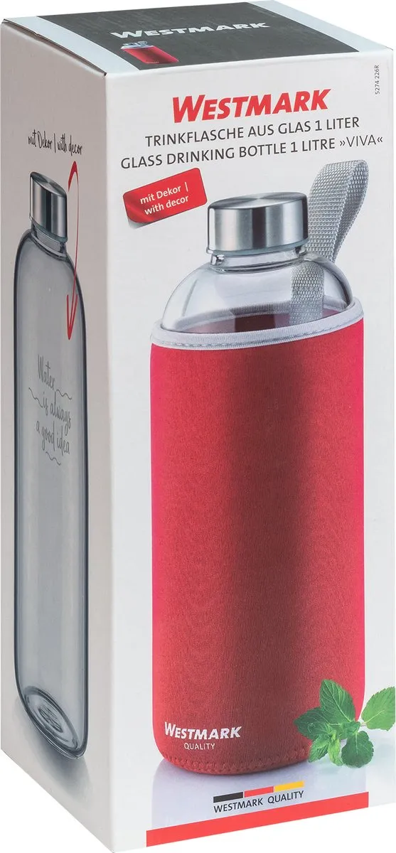 Westmark Viva Drinkfles 1L - Glas/Siliconen - Rood/Silver
