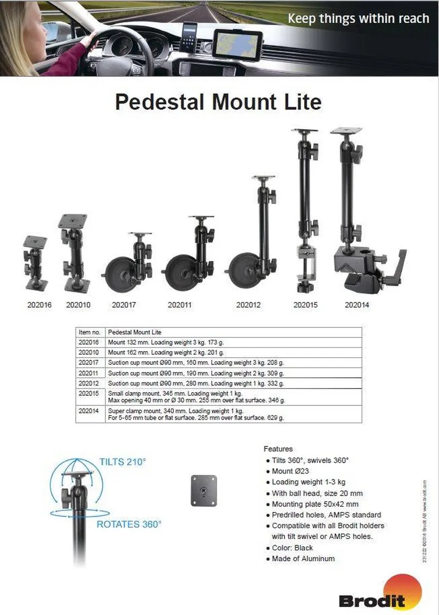 Brodit Pedestal Mount Lite Zuignap 190mm - Zwart