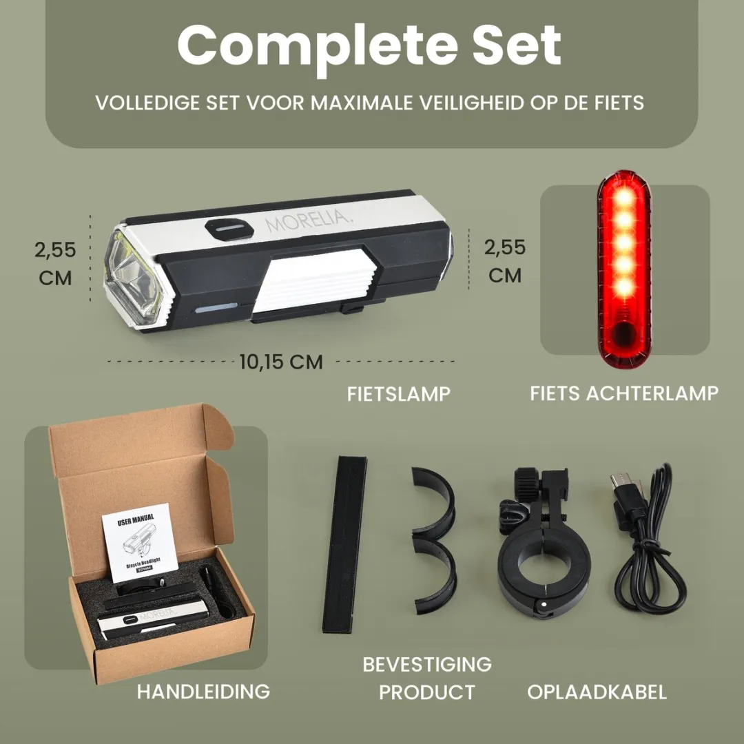 Morelia LED Fietslamp Set - Voor- en Achterlicht 100 Lux - Zwart/Zilver