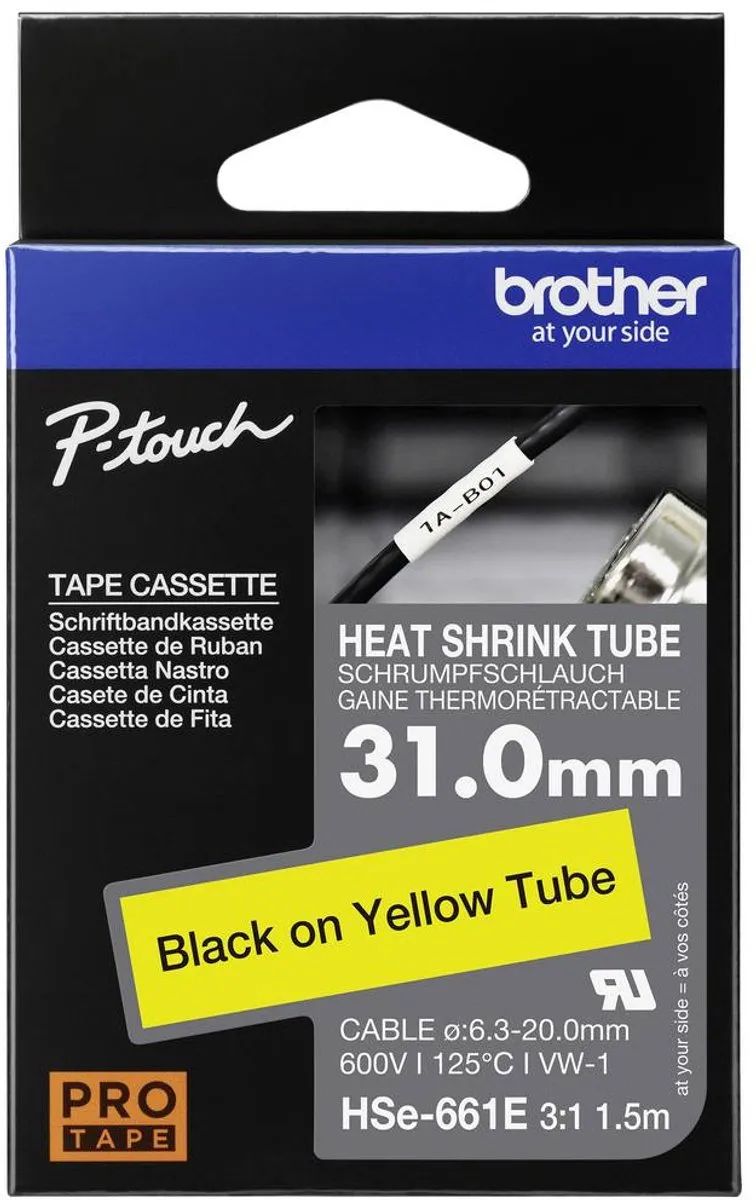 Brother HSE661E Labeltape Krimpkous - Geel/Zwart 31mm