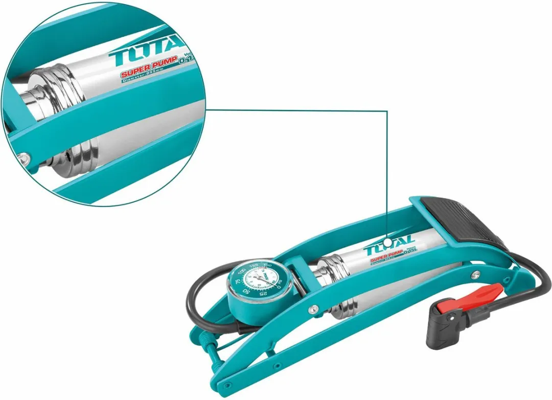 Total Fietspomp Voetpomp - Metaal - Manometer - Zilver/Blauw