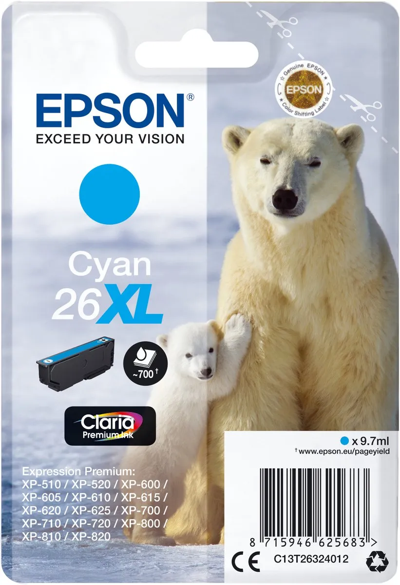 Epson 26XL C13T26324010 Cyaan Inktcartridge - 700 Pagina's