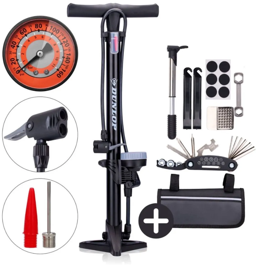 Dunlop Fietspomp met Drukmeter 14-delig - Zwart