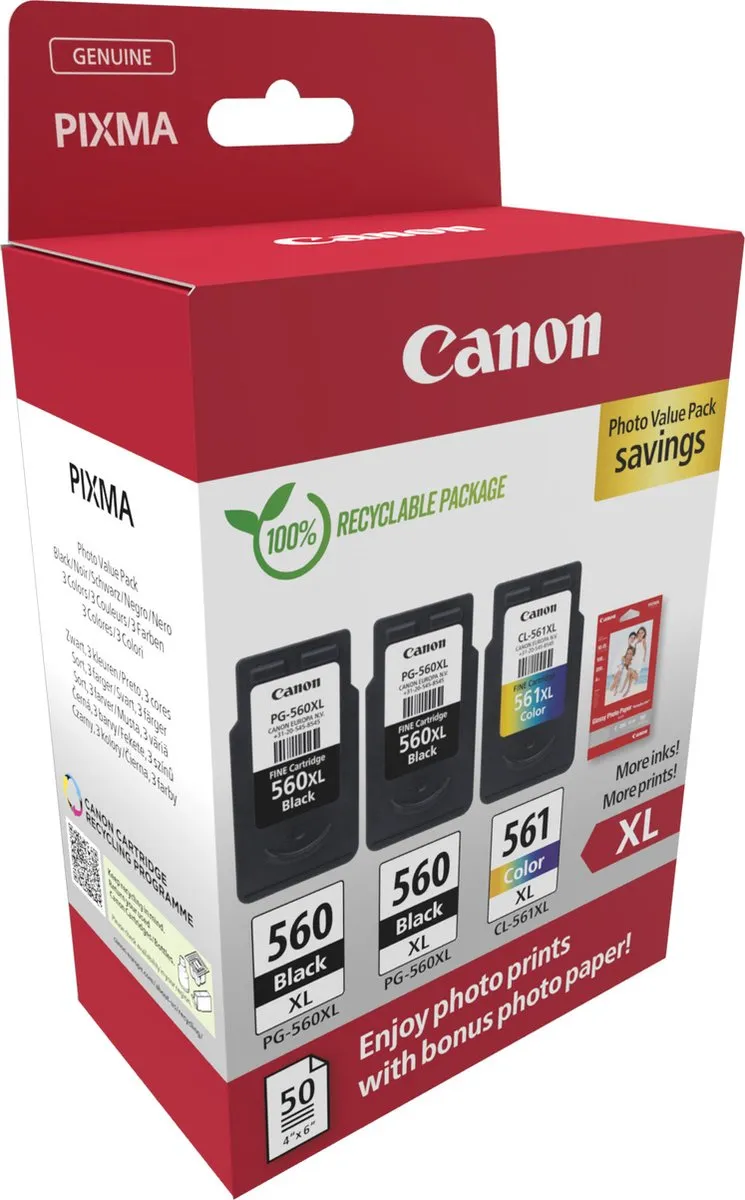 Canon 3712C012 Inktcartridges XL - 3 Stuks - Zwart/Cyaan/Magenta/Geel