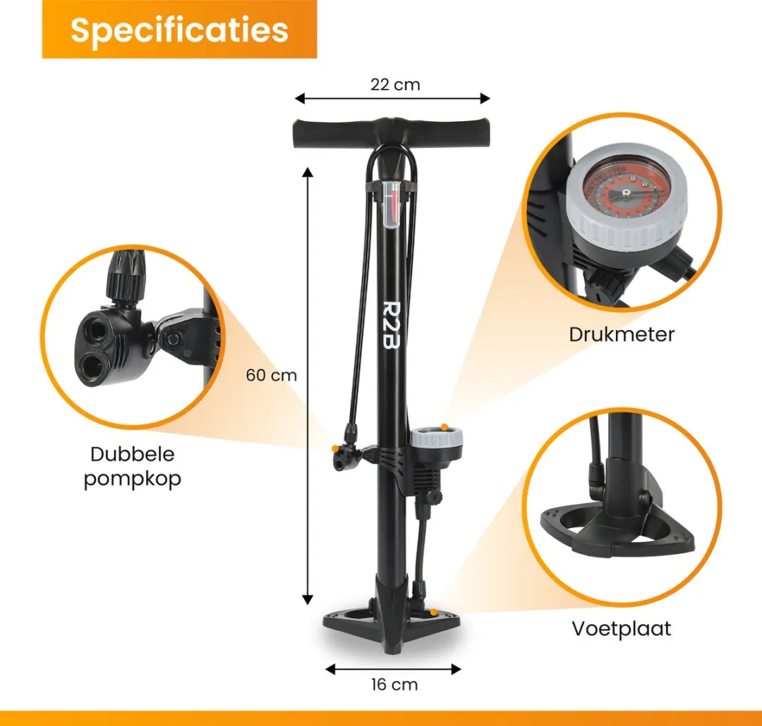 R2B Fietspomp met Drukmeter - 900g - o.a. Presta/Schrader