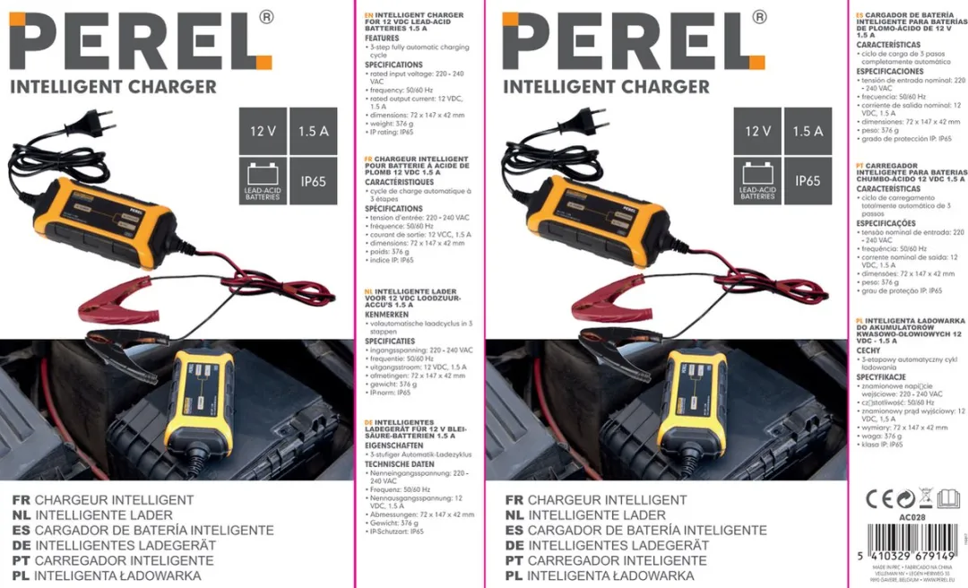 Perel Acculader 12V 1.5A Loodzuur - IP65 - voor Auto/Motor/Scooter/Boot