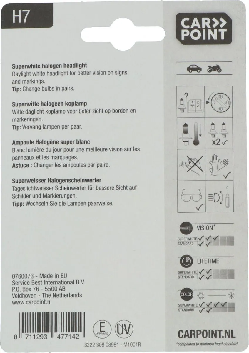 Carpoint Superwhite Halogeen H7 12V 55W - Helder Wit