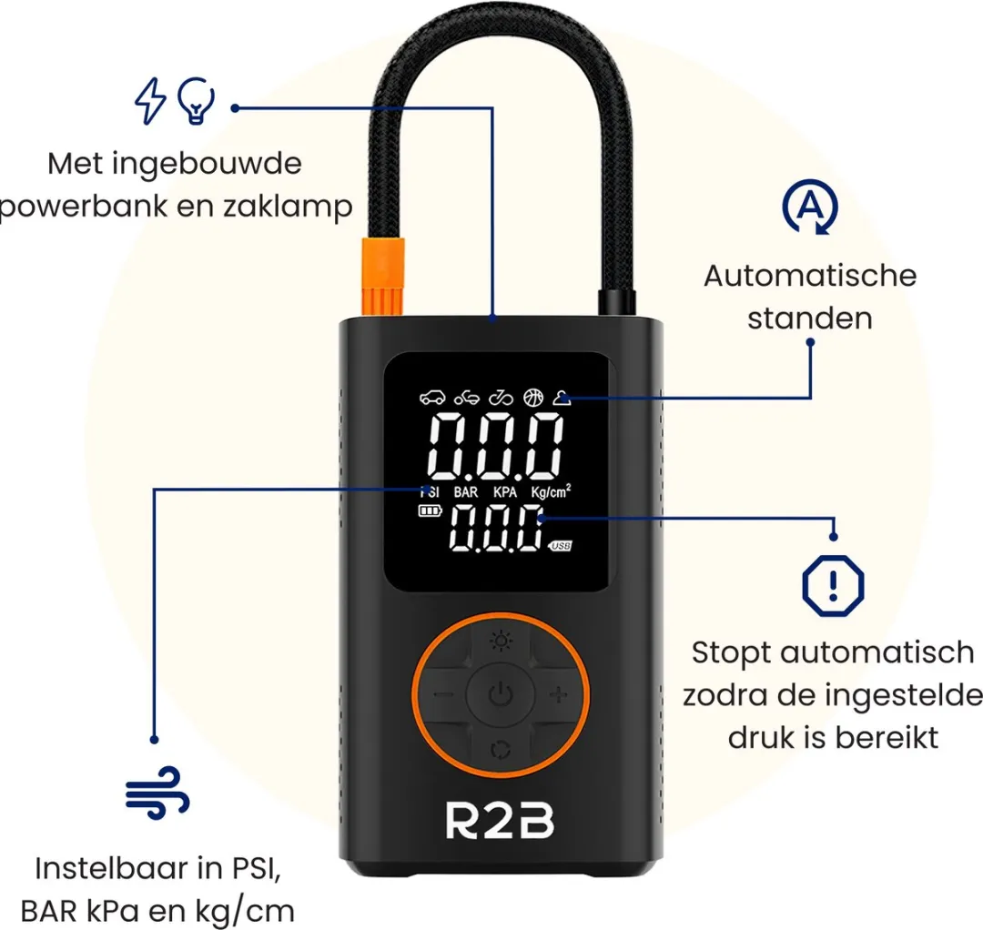 R2B Compressor Bandenpomp - Elektrisch - Auto/Fiets/Ballen - 540g