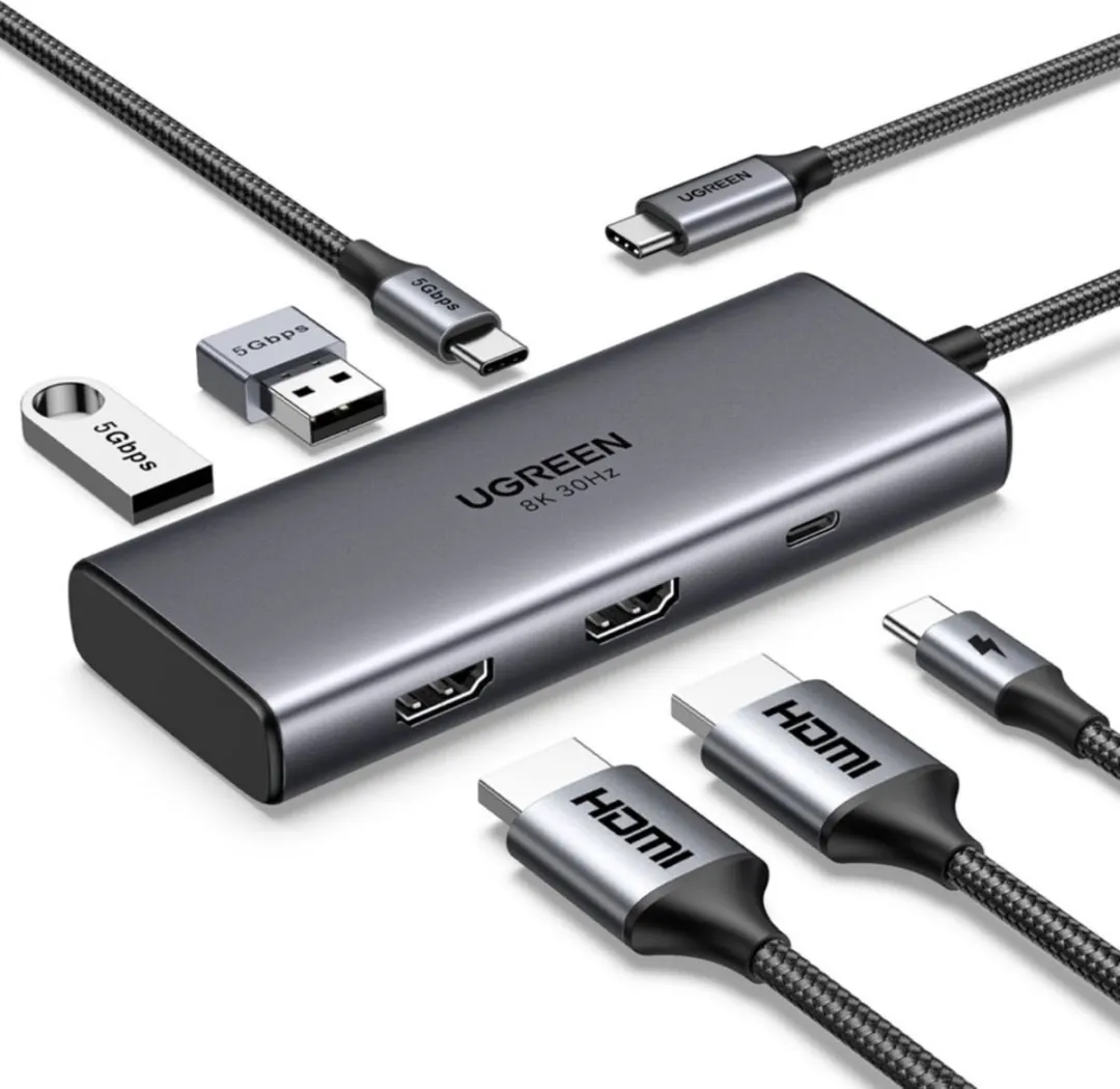 UGREEN Adapter Hub USB-C 6-in-1 - 2x HDMI, USB-C PD, 2x USB-A 3.0 - Zilver