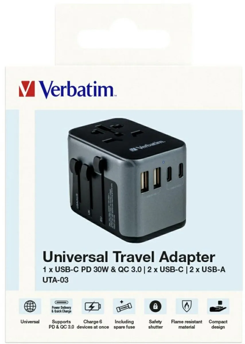 Verbatim 49545 Reisstekker UTA-03 PD30W - 5x USB - Type A/B/C/D/E/F/G/H/I/J/K/L/M/N/O - afbeelding 6 van 6