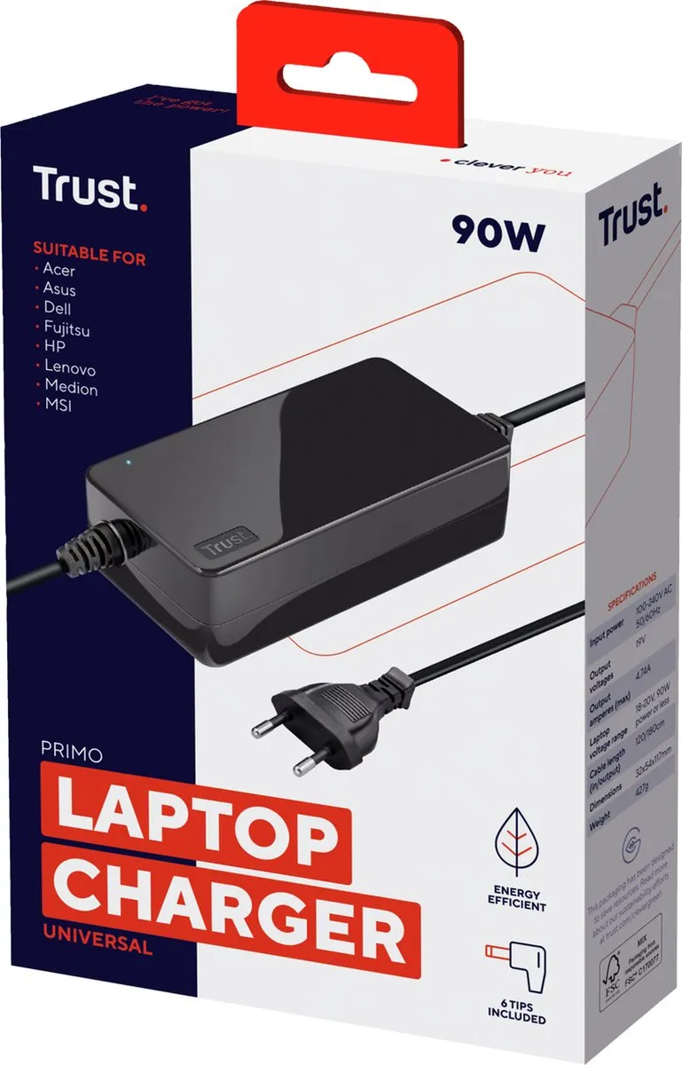 Trust Primo 90W-19V Laptop Lader 22142 - Blauw