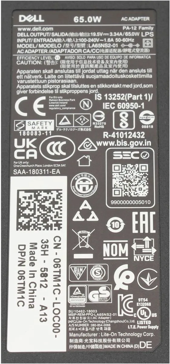 Dell PA12 Oplader 65W - Zwart