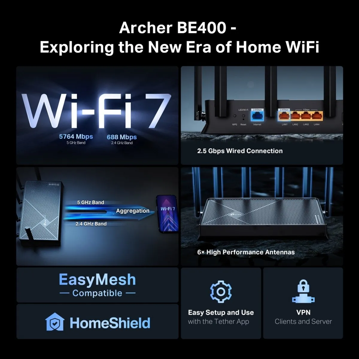TP-Link Archer BE400 Router - WiFi 7 BE6500 - 6 Antennes - afbeelding 6 van 6