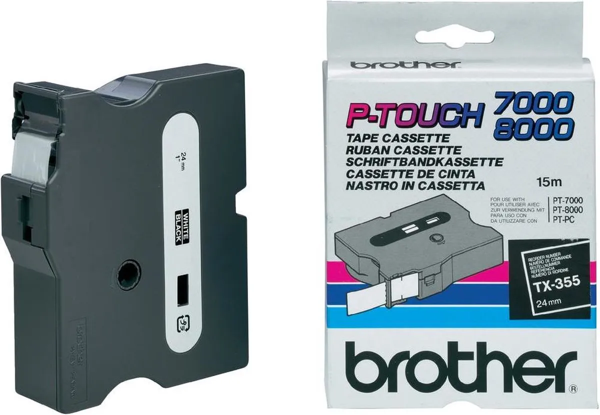 Brother TX-355 Labelrol 24mm Wit op zwart - 50m