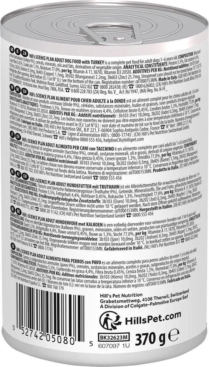 Hill's Science Plan Adult Natvoer Hond Kalkoen 12x370g
