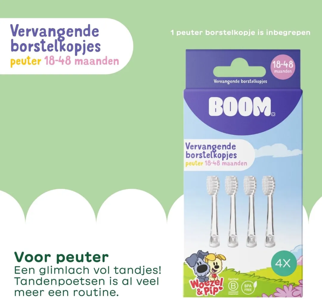 BOOMBRUSH Woezel & Pip Vervangborstels - 4 Stuks - Peuter - Wit