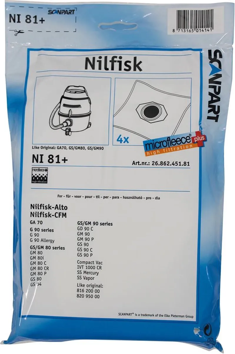 Scanpart Stofzuigerzakken NI81+ - 4 Stuks - o.a. Nilfisk GA70/GM80/GM90