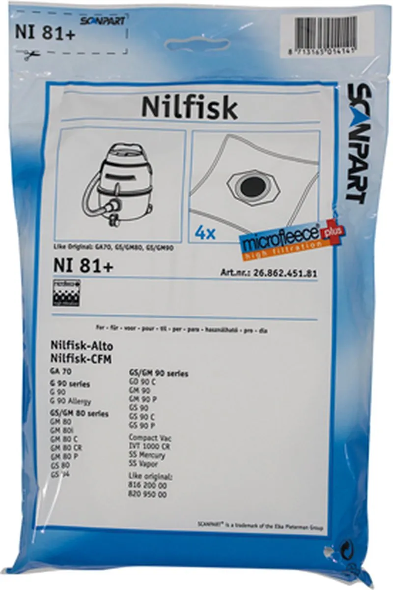 Scanpart Stofzuigerzakken NI81+ - 4 Stuks - o.a. Nilfisk GA70/GM80/GM90