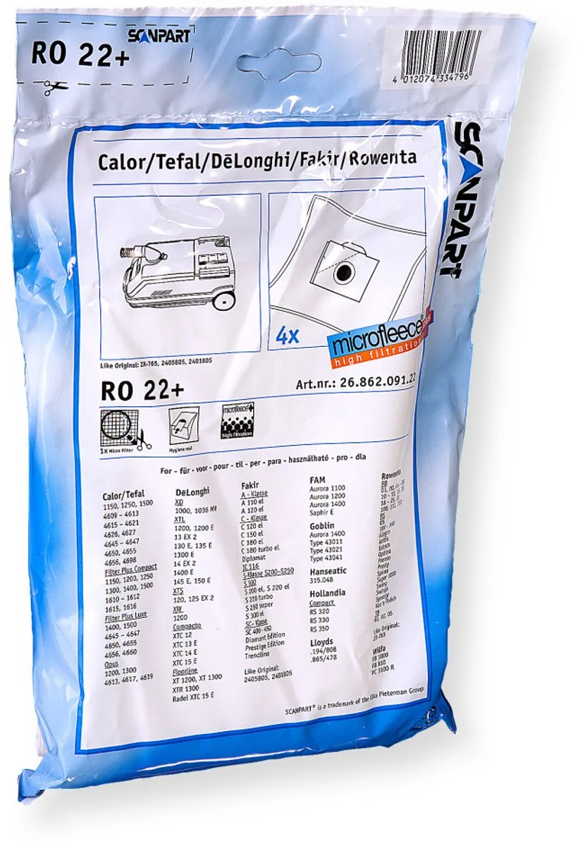 Scanpart Stofzuigerzakken RO22+ - 4 Stuks - o.a. DeLonghi/Rowenta