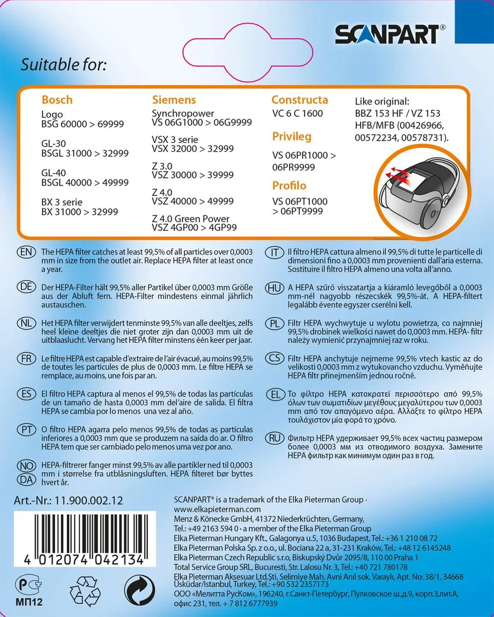 Scanpart HEPA Filter BBZ153HF - Wit/Blauw - 1 Stuk