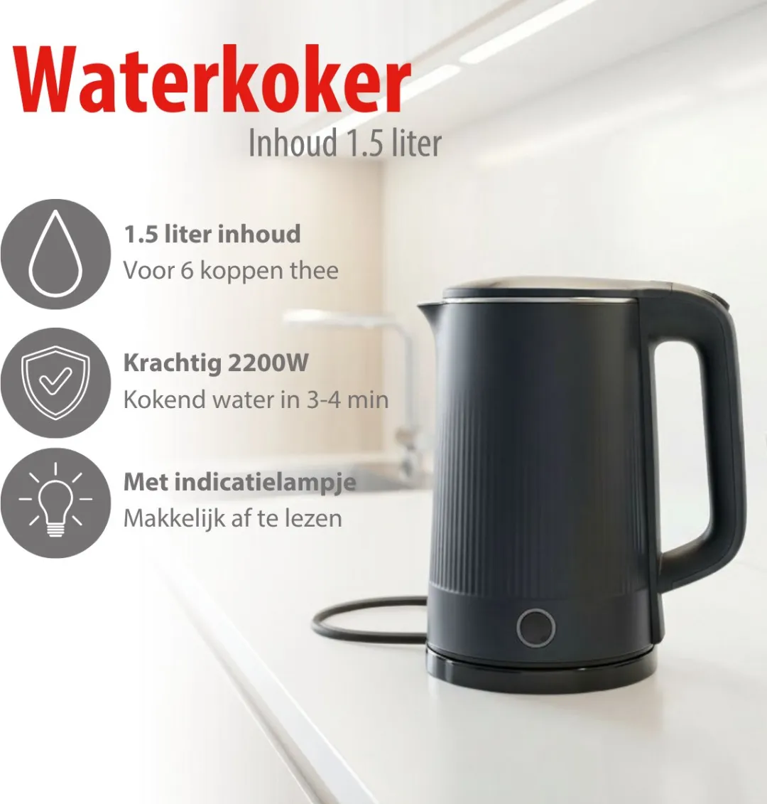 Alpina MEMIPO16510/0036 Elektrische Waterkoker 2200W 1.5L - Zwart