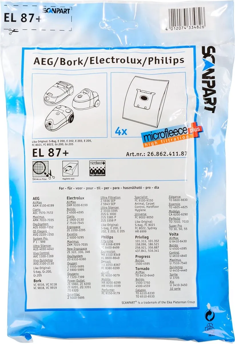 Scanpart EL87+ Stofzuigerzakken - 4 Stuks - o.a. AEG/Electrolux/Philips