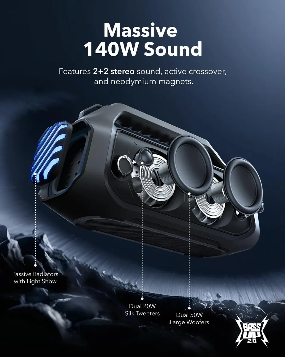 Soundcore Anker Boom 2 Plus A3134 Buitenluidspreker - 140W - IPX7 - Zwart