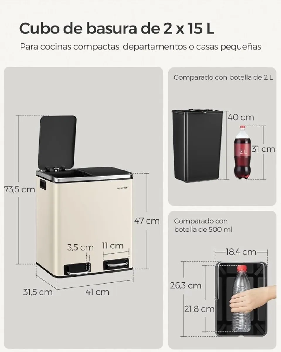 Songmics Dubbele Keuken Afvalbak 2x15L - Crème