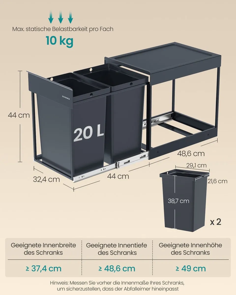 Songmics Afvalbak 2 Compartimenten 40L - Grijs